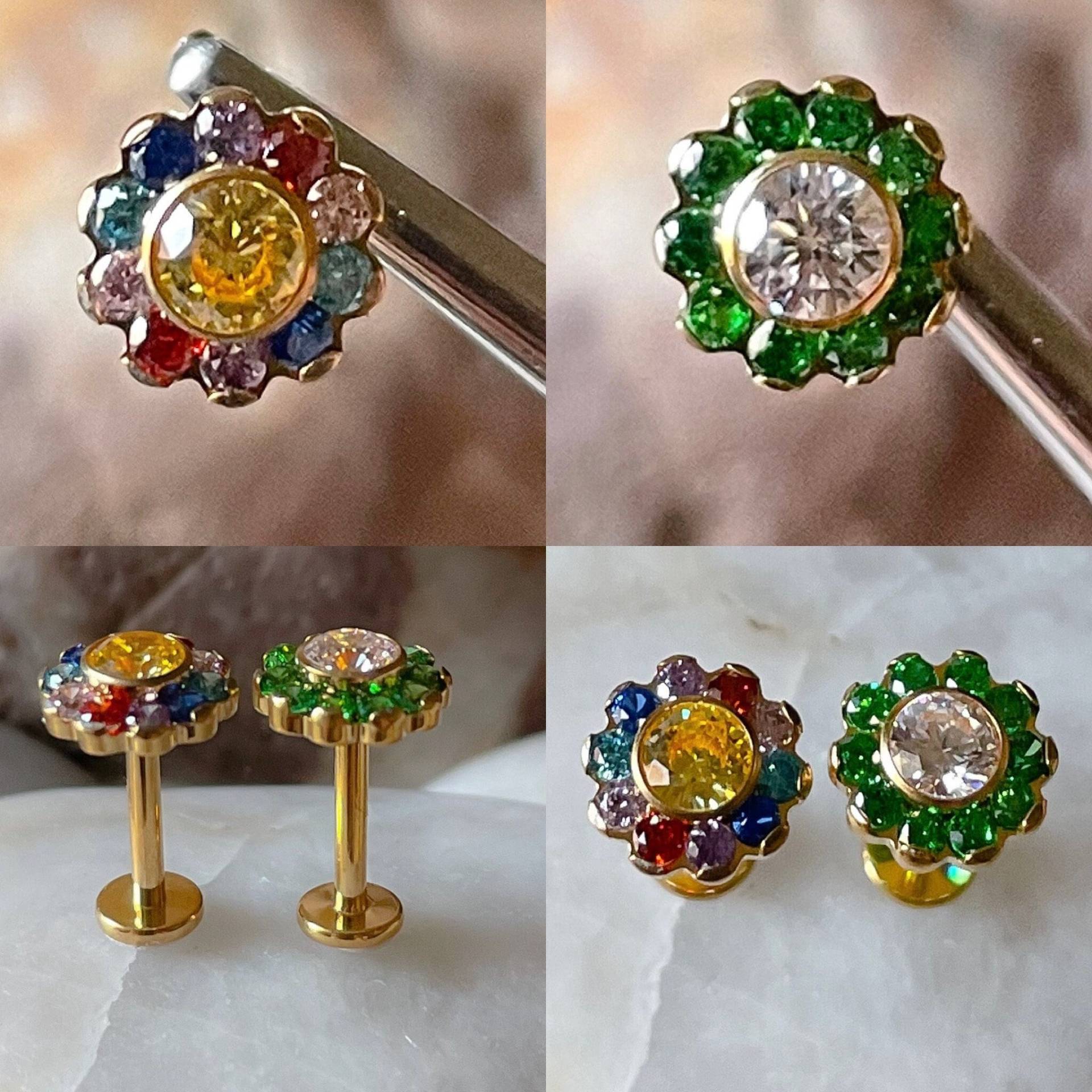 Astm F136 Titan Gold Mehrfarbiger Edelstein Blumen Cluster Labret Helix Conch Monroe Tragus 1.2 Mm 6/8 Astm F136 Titan Gold Mehrfarbiger Edelstein Blumen Cluster Labret Helix Conch Monroe Tragus 1.2 Mm 6/8 von BodyJewelleryCB