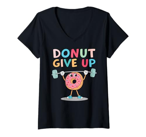 Damen Lustiger Bodybuilder Donut Give Up Gym Gewichtheben Fitness T-Shirt mit V-Ausschnitt von Bodybuilder Donut Gym Fitness Weight Lifting