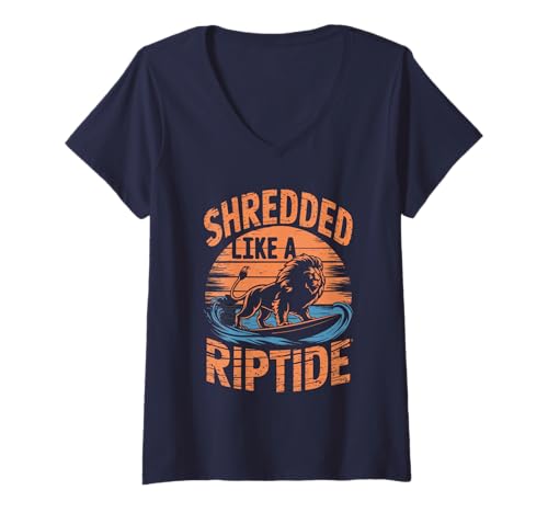 Damen Retro-Fitness-Bro, ZERFETZT WIE EIN RIPTIDE Beach Sea Surfer Lion T-Shirt mit V-Ausschnitt von Bodybuilder Shut Up Surf Lift Protein Powder Squad