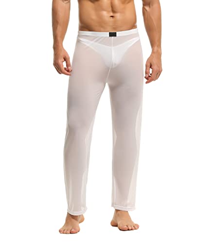 Bodywear4you Herren Hose transparent Netz Nachtwäsche Männer Reizvoll Unterwäsche Nylon Hose Herren Mesh durchsichtige Lange Hose Sheer Pant Männer Hose Netz-Stoff aus feinster Tüll Stoff (XL, Weiss) von Bodywear4you