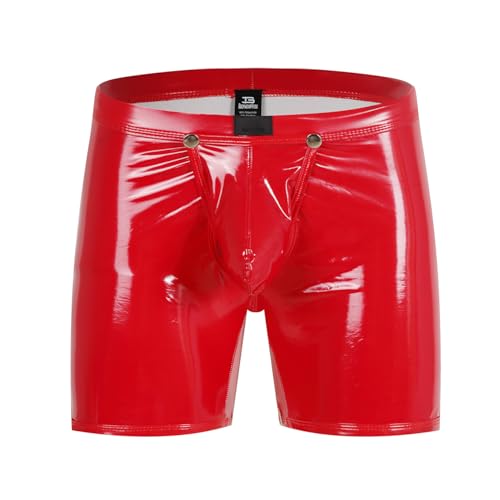 Bodywear4you Herren Leder Boxershorts Lack glänzend Optik, Wetlook sexy Unterwäsche, Clubwear Jockstraps mit offenem Schritt Ouvert Shorts Long Pants (as3, Alpha, l, Regular, Regular, Rot) von Bodywear4you