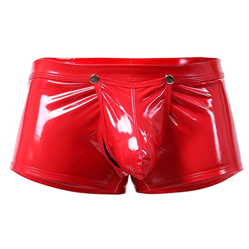 Bodywear4you Herren Leder Boxershorts Lack glänzend Optik Po offen, Wetlook sexy Unterwäsche, Reizwäsche für Männer, Clubwear Jockstraps Slips Tanga mit offenem Schritt Ouvert Shorts Pants (Rot, S) von Bodywear4you