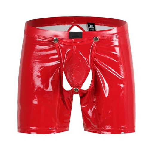 Bodywear4you Herren Leder Boxershorts Lack glänzend Optik Po offen, Wetlook sexy Unterwäsche, Reizwäsche für Männer, Clubwear Jockstraps Slips Tanga mit offenem Schritt Ouvert Shorts Pants (Rot, XL) von Bodywear4you