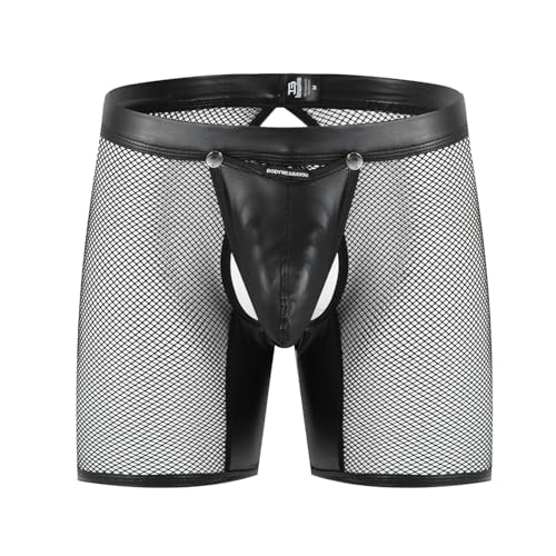 Bodywear4you Herren Leder Boxershorts Netz Optik, Wetlook sexy Unterwäsche, Dessous Reizwäsche für Männer, Clubwear Jockstraps Slips Tanga mit offenem Schritt Ouvert Shorts (schwarz, L/XL) von Bodywear4you