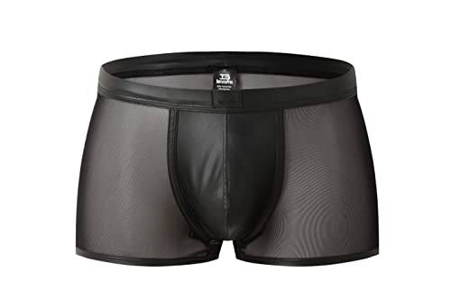 Bodywear4you Herren Leder Boxershorts Pants Netz mit Feinster Tüll Transparent Kunstleder Unterwäsche, Boxershort, für Männer Trunks Micro Pant (as3, Alpha, x_l, Regular, Regular, Schwarz, XL) von Bodywear4you