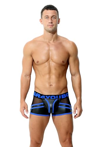 Bodywear4you Herren Leder Fetisch Trunk Shorts Boxershorts Netz-Latex-Optik Codpiece mit Reissverschluss Männer Maskuline Pant (DE/NL/SE/PL, Alphanumerisch, XL, Regular, Regular, Blau) von Bodywear4you
