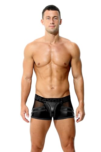 Bodywear4you Herren Leder Fetisch Trunk Shorts Boxershorts Netz-Latex-Optik Codpiece mit Reissverschluss Männer Maskuline Pant (DE/NL/SE/PL, Alphanumerisch, XL, Regular, Regular, Schwarz) von Bodywear4you