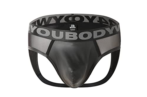 Bodywear4you Herren Leder Jock Brief Ouvert Netz Optik mit Feinster Tüll Transparent Kunstleder, Unterwäsche für Männer, Men Underwear bequemer String (as3, Alpha, l, Regular, Regular, Schwarz, L) von Bodywear4you