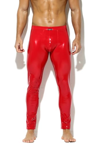 Bodywear4you Herren Leder Leggings in Lack-Latex-Optik Kunstleder enganliegend Hose Meggings Wetlook Lederhose Patent Pants (as3, Alpha, m, Regular, Regular, Rot) von Bodywear4you