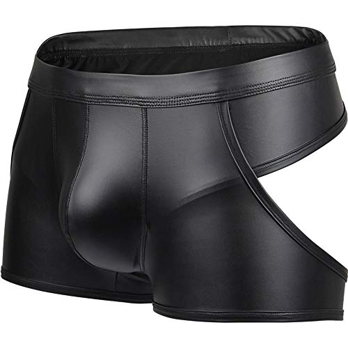 Bodywear4you Herren Ouvert Boxershorts Leder Optik Farbe Schwarz, Wetlook sexy Unterwäsche, Dessous Reizwäsche für Männer, Clubwear Jockstraps Slips bequemer Tanga Po offen Shorts Kunstleder ,M von Bodywear4you