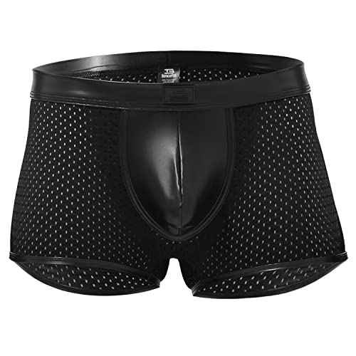 Herren Boxershorts Jock ouvert Leder Optik Trunk Schwarz, Wetlook sexy Unterwäsche, Dessous Reizwäsche für Männer, Clubwear Jockstraps Slips bequemer Tanga Po offen Shorts Kunstleder (schwarz matt, L) von Bodywear4you