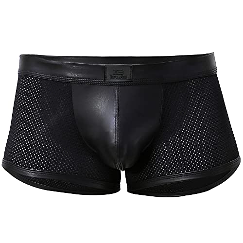 Herren Boxershorts Leder Netz Schwarz, Wetlook sexy Unterwäsche Herren, Boxershort mit Latex Lack Leder Optik, Dessous Erotik Reizwäsche für Männer, Trunks, Panty, Gogo Club und Swinger Kleidung (S/M) von Bodywear4you