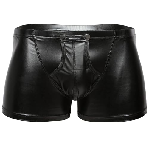 Herren Boxershorts Leder Optik Vinyl Wetlook sexy Unterwäsche, Reizwäsche für Männer, Clubwear Shorts Pants Front Pouch mit Druckknöpfe Schwarz Latex ähnlich (S) von Bodywear4you