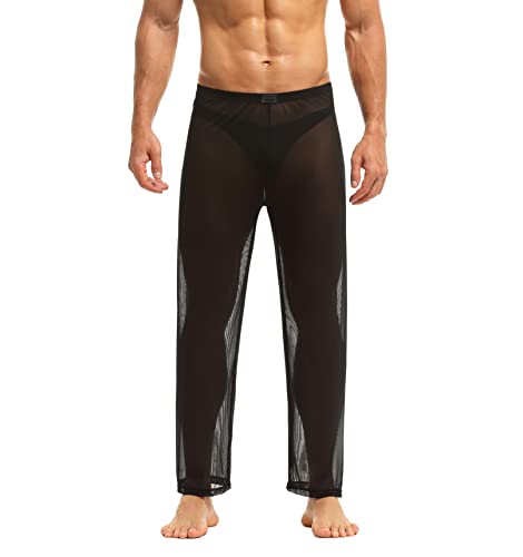 Herren Hose transparent Netz Nachtwäsche Männer Reizvoll Unterwäsche Nylon Hose Herren Mesh durchsichtige Lange Hose Sheer Pant Männer Hose Netz-Stoff aus feinster Tüll Stoff (L, Schwarz) von Bodywear4you