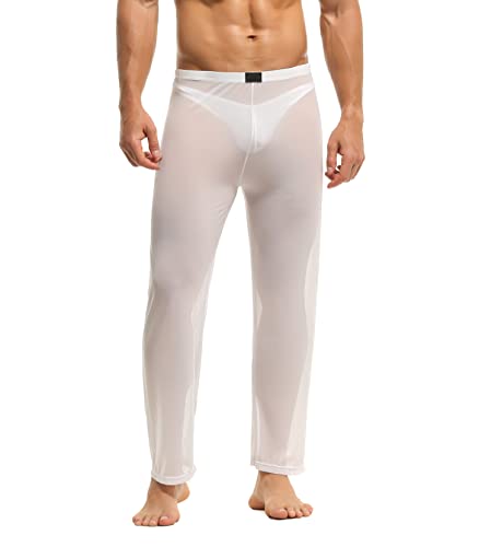 Herren Hose transparent Netz Nachtwäsche Männer Reizvoll Unterwäsche Nylon Mesh durchsichtig Lange Sheer Pant aus feinster Tüll Stoff (L, Weiss) von Bodywear4you
