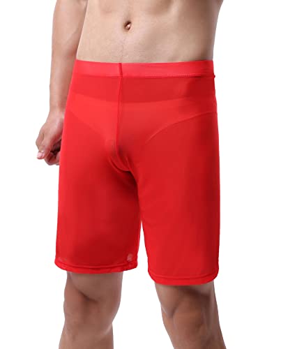 Herren Kurze Hose transparent Netz Nachtwäsche Männer Unterwäsche Nylon Mesh durchsichtige Sheer Pant Netz-Stoff aus feinster Tüll Stoff Strand Shorts Freizeithose Boxershorts (L, Rot) von Bodywear4you