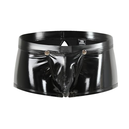 Herren Leder Boxershorts Lack glänzend Optik Po offen, Wetlook sexy Unterwäsche, Reizwäsche für Männer, Clubwear Jockstraps Slips Tanga mit offenem Schritt Ouvert Shorts Pants (Schwarz, M) von Bodywear4you