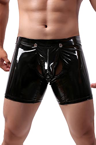 Herren Leder Boxershorts Lack glänzend Optik Po offen, Wetlook sexy Unterwäsche, Reizwäsche für Männer, Clubwear Jockstraps Slips Tanga mit offenem Schritt Ouvert Shorts Pants (Schwarz, S) von Bodywear4you