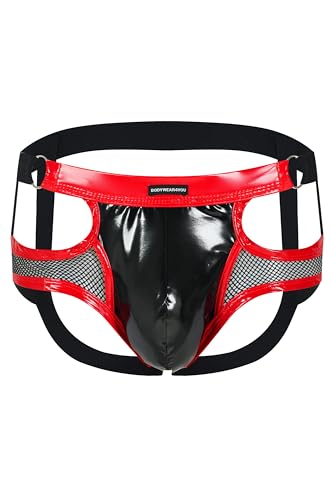 Herren Leder Jock Brief Ouvert Netz transparent mit Lack Optik Kunstleder, Unterwäsche für Männer, Men Underwear bequemer String (DE/NL/SE/PL, Alphanumerisch, L, Regular, Regular, Rot-Schwarz) von Bodywear4you