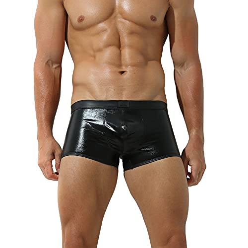 Herren Ouvert Boxershorts Leder Optik Farbe Schwarz, Wetlook sexy Unterwäsche, Dessous Reizwäsche für Männer, Clubwear Jockstraps Slips bequemer Tanga Po offen Shorts Kunstleder (Schwarz, XL) von Bodywear4you