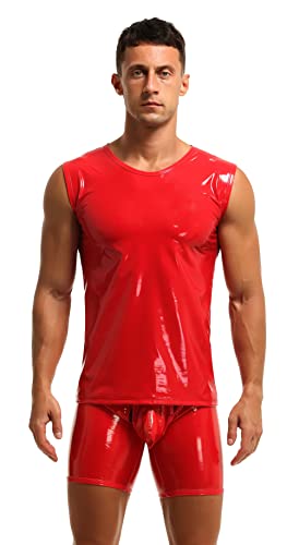 Herren Shirt Tank Top ohne Arm Leder Lack Latex Optik schwarz Männer Unterwäsche Stretch Hemd Tops Clubwear Guywear Gogo Swingerclub Freizeithemd Sommer Muskel Top Vinyl Oberteil (L, Rot) von Bodywear4you