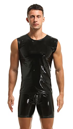 Herren Shirt Tank Top ohne Arm Leder Lack Latex Optik schwarz Männer Unterwäsche Stretch Hemd Tops Clubwear Guywear Gogo Swingerclub Freizeithemd Sommer Muskel Top Vinyl Oberteil (L, Schwarz) von Bodywear4you