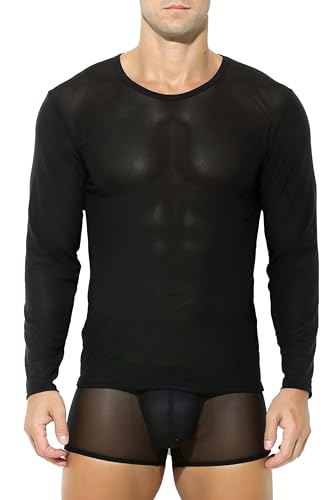 Herren Shirt Transparent Langarm Long Sleeves Men's Männer Unterwäsche Slim Muscle Nylon Hemd Sexy Unterwäsche Mesh Top durchsichtiges Oberteil Clubwear (as3, Alpha, l, Regular, Regular, Schwarz) von Bodywear4you