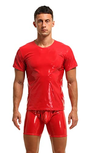 Herren T-Shirt Leder Lack Latex Optik schwarz Männer Shirt Kurzarm Unterwäsche Stretch Hemd Tops Clubwear Guywear Gogo Swingerclub Freizeithemd Sommer Muskel Top Vinyl Oberteil (L, Rot) von Bodywear4you