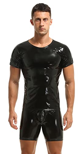 Herren T-Shirt Leder Lack Latex Optik schwarz Männer Shirt Kurzarm Unterwäsche Stretch Hemd Tops Clubwear Guywear Gogo Swingerclub Freizeithemd Sommer Muskel Top Vinyl Oberteil (M, Schwarz) von Bodywear4you