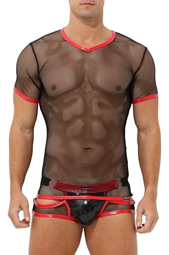 Herren T-Shirt Netz transparent mit Lack Leder Optik Männer Unterhemd Kurzarm Unterwäsche Stretch Clubwear Outfit (DE/NL/SE/PL, Alphanumerisch, M, Regular, Regular, Rot-Schwarz) von Bodywear4you