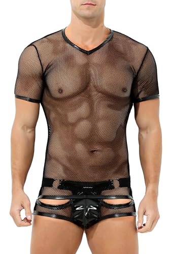 Herren T-Shirt Netz transparent mit Lack Leder Optik Männer Unterhemd Kurzarm Unterwäsche Stretch Clubwear Outfit (DE/NL/SE/PL, Alphanumerisch, XXL, Regular, Regular, Schwarz) von Bodywear4you