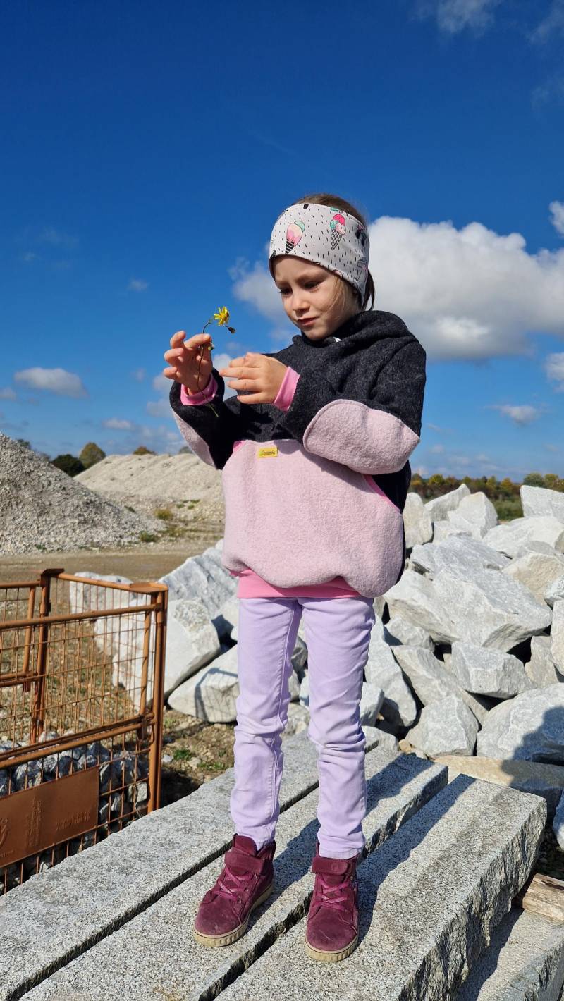 Walkhoodie, Outdoorpullover, Wollwalk Hoodie, Grau, Rosa, Einhorn von Boedabutik