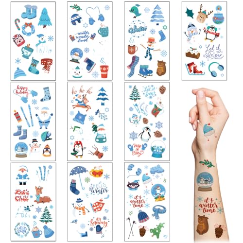 10 Blatt blaue Winter temporäre Tattoos Aufkleber Weihnachten Tattoos niedliche Schneemann Schneeflocke Pinguin Tattoo Aufkleber für Kinder Geburtstagsfeier Gunsten Weihnachten Geschenktasche Füller von Boerni