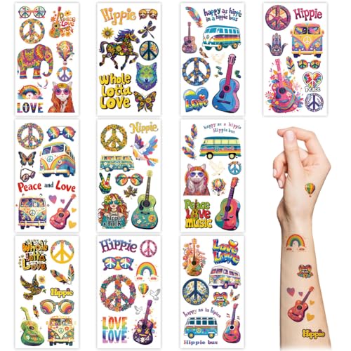 10-teilige Hippie Tattoo Aufkleber 70er 80er 90er Jahre Party Favor Supplies Wasserdichte Hippie Gesicht Tattoos Liebe und Frieden Regenbogen temporäre Tattoos für Erwachsene Kinder von Boerni