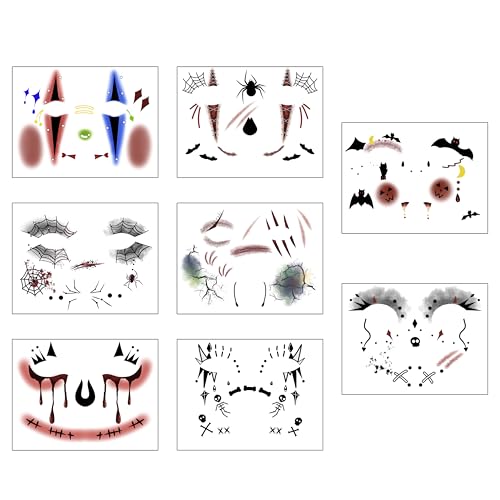 Halloween Prank Make-up temporäres Tattoo,8 Blätter Halloween Gesicht Tattoos gefälschte Narben Aufkleber für Erwachsene,Wasserdichte Halloween Mund Tattoos Aufkleber Horror Clown Wunde von Boerni
