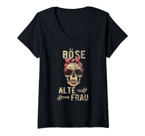 Damen Böse Alte Frau - Totenkopf Alte Weiße Frau Vintage Biker T-Shirt mit V-Ausschnitt von Böse Alte Frau Motorrad Geschenk & Echte Frauen
