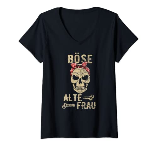 Damen Böse Alte Frau - Totenkopf Alte Weiße Frau Vintage Biker T-Shirt mit V-Ausschnitt Damen Böse Alte Frau - Totenkopf Alte Weiße Frau Vintage Biker T-Shirt mit V-Ausschnitt von Böse Alte Frau Motorrad Geschenk & Echte Frauen