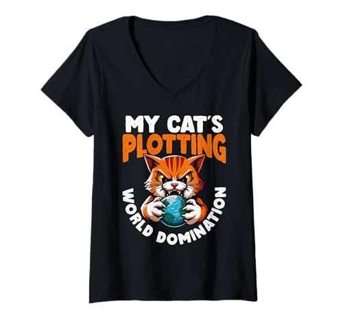 Damen Der Plan Meiner Katze Zur Weltbeherrschung Lustig T-Shirt mit V-Ausschnitt von Böser Katzenüberlord Feline