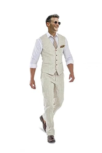 Casual Leinen Beige männer 2 Stück Anzüge Hochzeit Anzüge Slim Fit Trauzeugen Smoking Abschlussball Weste Sommer Leinen Weste+Hose, Beige, L von Bofan
