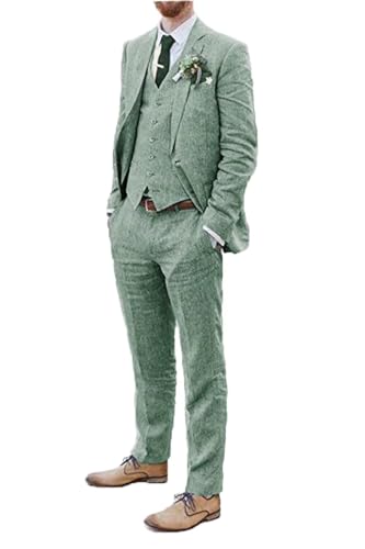Herren-Anzüge aus Leinen, für Strand, Hochzeit, 3-teilig, für Trauzeugen, Kleidung, Leinen, Blazer, Weste, Hose, Abschlussball, Smoking, Hellgrün, M von Bofan