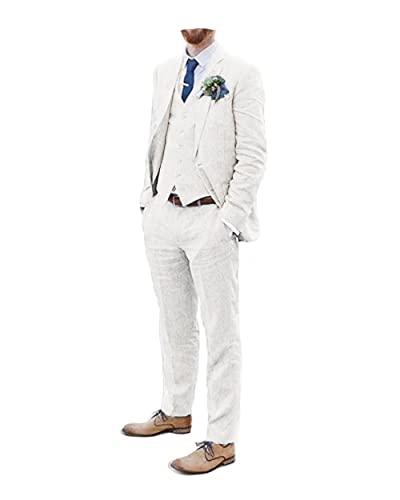 Männer Anzüge Leinen Strand Hochzeit Anzüge 3 Stück Groomsmen Kleidung Leinen Blazer Weste Hose Prom Smoking, Elfenbein, S von Bofan