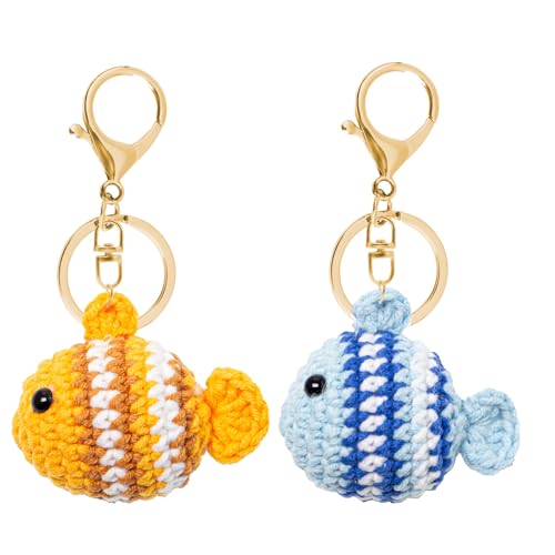 Bofanze 2 Stück Süßer Gehäkelter Anhänger,Gestrickter Fisch,Handgefertigter Schlüsselanhänger Kuscheltier Anhänger Schlüsselanhänger Auto mit Schlüsselring aus Metall für Rucksäcke, Schlüssel von Bofanze