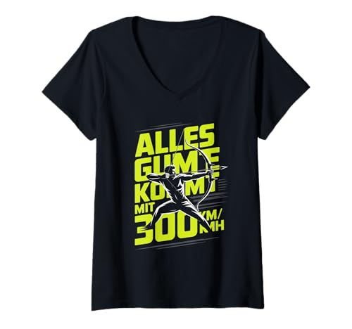 Damen Alles Gute Kommt Mit 300 Km/H Bogensport T-Shirt mit V-Ausschnitt Damen Alles Gute Kommt Mit 300 Km/H Bogensport T-Shirt mit V-Ausschnitt von Bogenschießen Abenteuer Outdoor Wild