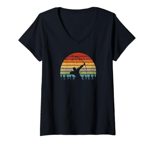 Damen Retro Sonnenuntergang Bogenschießen T-Shirt mit V-Ausschnitt von Bogensport Zubehör für Bogenschützen