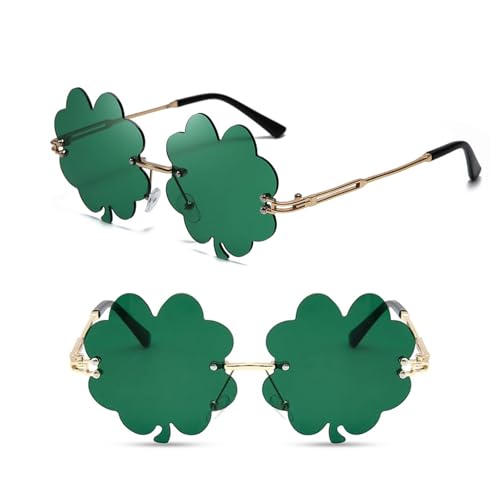 Bogoro 2 Paar Patrick's Day Sonnenbrille,Irische Kleeblatt Brille,Vierblättriges Kleeblatt Brille,Randlose Grüne Kleeblatt Sonnenbrille für Damen Herren Kinder Erwachsene (Dunkelgrün) von Bogoro