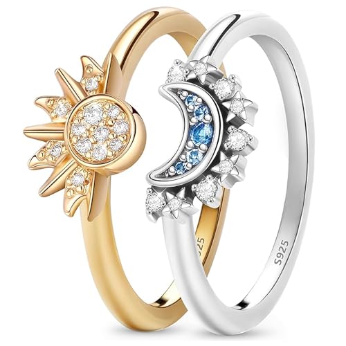 Bogoro 2 Stück Sonne und Mond Ringe, Silber 925, Verstellbar Sonne Mond Ring Set, Gold Silber Freundschaftsringe Ringe Frauen, Ring Set Sonne Und Der Mond, Matching Promise Rings Für Damen Frauen von Bogoro