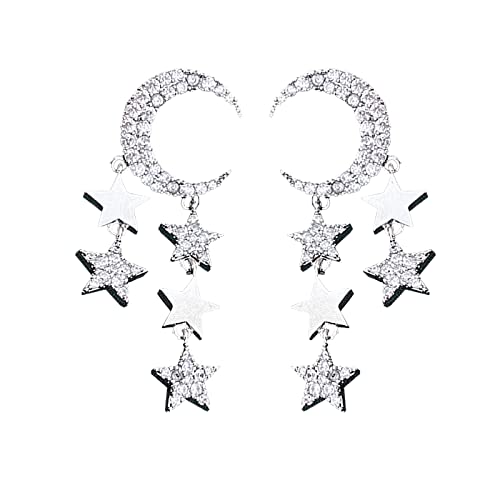 Bogoro Stern Mond Ohrringe,Funkeln Stern Ohrringe Silber, Halbmond Quaste Ohrstecker,Sohrringe Silber Hängend,Schmuck Geschenke für Damen Mädchen CZ Earrings von Bogoro