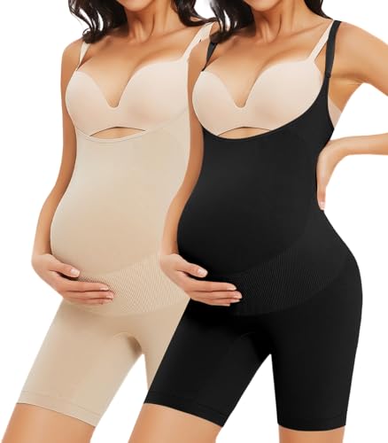 Damen Umstandsbody Schwangerschaft Shapewear Bump Support Shorts Nahtlos Verstellbare Träger Strampler Jumpsuit, Schwarz + Akt, Large von Boguish