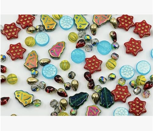 Bohemia Crystal Valley 2.1oz (60g) of Christmas Czech Glass Bead Mix 2024 with Trees, Melons, Snowflakes and Faceted Beads, Dark Green Yellow Xmas von Bohemia Crystal Valley