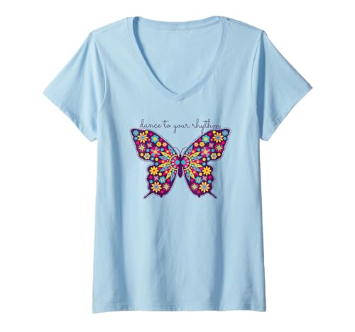 Damen Tanzen Sie zu Ihrem Rhythmus Boho Floral Butterfly T-Shirt mit V-Ausschnitt von Bohemian Floral Butterfly Positive Quote tees